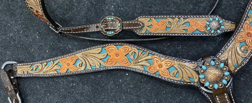 Showman Floral tooled design browband bridle with teal underlay and breast collar set with turquoise bead accent conchos #3